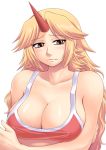  blonde_hair breast_hold breasts bust cleavage fang highres horn hoshiguma_yuugi katwu large_breasts long_hair red_eyes solo touhou 