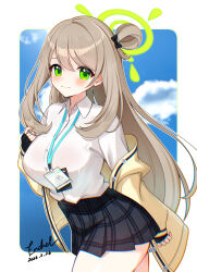  1girl artist_name black_bow black_gloves black_skirt blonde_hair blue_archive blue_sky border bow breast_curtains breasts cardigan cardigan_partially_removed closed_mouth clouds commentary_request cowboy_shot dated dress_shirt encheru_(th-sto) fingerless_gloves gloves green_eyes green_halo hair_bow hair_bun halo highres id_card lanyard large_breasts long_hair looking_at_viewer nonomi_(blue_archive) open_cardigan open_clothes open_collar outside_border plaid_clothes plaid_skirt rounded_corners shirt signature single_side_bun skirt sky smile solo white_border white_shirt yellow_cardigan 