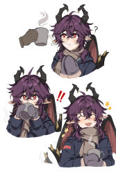  ! !! 1boy ? absurdres alternate_costume black_horns blush brown_scarf closed_eyes commentary cropped_torso crossed_bangs cup dintoge dragon_boy dragon_horns durin_(genshin_impact) fang genshin_impact hair_between_eyes highres holding holding_cup horns jacket male_focus medium_hair mittens multiple_views pointy_ears purple_hair red_eyes scarf simple_background skin_fang smile untranslatable_commentary white_background wings 