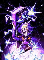  1girl andaerz arm_guards armor armored_boots armored_skirt beneath_the_dragoneye_moons blonde_hair blush book boots bracer cape character_request choker commentary dancing english_commentary full_body highres holding holding_book lightning looking_at_viewer orange_cape short_hair yellow_eyes 