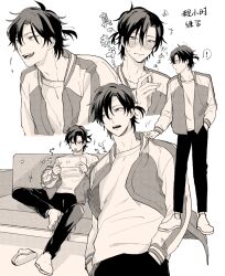  ! 1boy black_hair blush cheng_xiaoshi closed_mouth controller couch game_controller greyscale hair_between_eyes hand_in_pocket hands_in_pockets holding holding_controller holding_game_controller iekomori63 jacket long_sleeves looking_at_viewer male_focus messy_hair monochrome multicolored_jacket multiple_views nintendo_switch on_couch one_eye_closed open_clothes open_jacket open_mouth pants playing_games ponytail shiguang_dailiren shirt shoes short_hair short_ponytail simple_background sitting smile socks standing teeth unworn_shoes white_background 