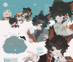  1girl 3boys aak_(arknights) animal_ears arknights black_coat black_hat black_shirt chibi chibi_inset chinese_clothes closed_mouth coat colored_tips commentary detached_sleeves dragon_boy dragon_ears earrings facing_viewer fins fish_tail furry furry_female furry_male grin hair_over_one_eye hat highres holding holding_pen holding_spoon holding_vial horns hung_(arknights) jewelry komainu_boy komainu_ears komainu_tail lee_(arknights) looking_at_another multicolored_hair multiple_boys multiple_views official_alternate_costume one_eye_covered open_mouth pen round_eyewear shirt single_horn sirakaro sleeveless sleeveless_shirt smile sound_effects spoon star_(symbol) tail tiger_ears tiger_stripes tiger_tail upper_body vial waai_fu_(arknights) watermark weibo_watermark 