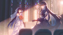  2girls absurdres black_dress black_hair commentary_request dress flower gloves highres light_rays long_hair looking_at_viewer mechanical_hands multiple_girls punishing:_gray_raven red_flower red_rose redhood_(user_cnuy5452) rose selena_(pgr) wedding_dress white_dress white_gloves 