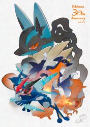  4others absurdres anniversary ash-greninja breath_weapon breathing_fire charizard commentary_request copyright_name dated dragon dragon_wings fangs fire flame-tipped_tail garchomp greninja highres holding holding_kunai holding_shuriken holding_weapon kunai looking_at_another looking_at_viewer lucario mega_lucario multiple_others no_humans open_mouth pokemon pokemon_day sekimerou shuriken signature smile sparkle tail weapon white_background wings 