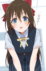  1girl blue_eyes blue_shirt blue_skirt blue_vest blush bow brown_hair collared_shirt hair_between_eyes hair_bow long_hair looking_at_viewer love_live! love_live!_nijigasaki_high_school_idol_club neck_ribbon nijigasaki_school_uniform open_mouth osaka_shizuku plaid_clothes plaid_skirt pleated_skirt red_bow ribbon school_uniform shirt short_sleeves sidelocks skirt skt_(ryxxxxx) smile solo summer_uniform vest yellow_ribbon 