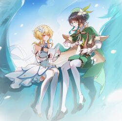  1boy 1girl androgynous aqua_eyes aqua_gem arm_armor baggy_shorts bare_shoulders beret black_bow black_bowtie black_gloves black_hair black_shoes blonde_hair blue_feathers blue_hair blue_skin blue_sky boots bow bowtie braid breasts brown_corset brown_eyes brown_pupils buttons cape closed_mouth clouds cloudy_sky collared_cape collared_shirt colored_skin commentary_request corset day detached_sleeves dragon dragon_wings dress feather_hair_ornament feathers fingerless_gloves floating_clothes floating_hair flower full_body gem genshin_impact gloves gold_trim gradient_hair green_cape green_hat green_shorts hair_between_eyes hair_flower hair_ornament hands_up hat hat_flower hat_ornament holding holding_instrument holding_lyre holding_paper hoxino instrument jewelry leaf_hat_ornament long_sleeves looking_at_another lumine_(genshin_impact) lyre medium_breasts multicolored_hair outdoors pantyhose paper pendant pom_pom_(clothes) puffy_long_sleeves puffy_sleeves shadow shirt shoes short_hair shorts sidelocks sitting sky sleeveless sleeveless_dress smile sparkle_print striped_bow striped_bowtie striped_clothes teeth thigh_boots twin_braids two-sided_cape two-sided_fabric two-tone_hair venti_(genshin_impact) wavy_hair white_boots white_dress white_flower white_pantyhose white_shirt white_sleeves wings yellow_cape 