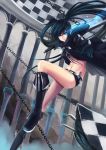  black_hair black_rock_shooter black_rock_shooter_(character) blue_eyes boots cape chain chains gloves glowing glowing_eye knee_boots long_hair midriff navel pillar rinbukyoku scar short_shorts shorts solo star sword twintails very_long_hair weapon 