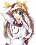  ;d altivr arm_up blush brown_hair bust fang fang_lin_yin green_eyes hair_ribbon hand_on_hip highres huang_lingyin infinite_stratos kanzaki_sora long_hair open_mouth petals ribbon school_uniform smile solo twintails v wink 