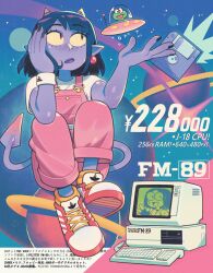  1980s_(style) 1girl absurdres adidas aged_down black_hair black_nails colored_skin commentary computer computer_keyboard coolfrog_(punch_punch_forever!) crt demon_tail earrings english_commentary fake_ad floppy_disk fm_towns fujitsu highres horns jewelry matsumoto_gogo matsumoto_nono monitor oni overalls pink_overalls pointy_ears price product_placement punch_punch_forever! purple_lips purple_skin retro_artstyle shirt shoes short_hair sitting sneakers solo_focus speedoru sphere_earrings t-shirt tail translation_request ufo wristband 