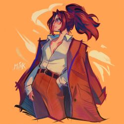  1girl absurdres brown_hair closed_mouth collared_shirt commentary cropped_legs glasses hand_in_pocket hange_zoe highres jacket mulemount orange_background orange_jacket orange_pants pants ponytail shingeki_no_kyojin shirt sidelocks simple_background smile solo watermark white_shirt 