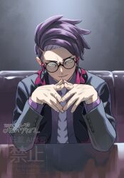  1boy black-framed_eyewear black_coat black_shirt closed_mouth coat collared_shirt commentary_request corbeau_(pokemon) elbow_on_table glasses indesign lapels layered_sleeves long_sleeves male_focus necktie notched_lapels parted_hair pokemon pokemon_legends:_z-a purple_hair purple_shirt round_eyewear shirt short_hair sitting smile solo tassel watermark white_necktie wing_collar yellow_eyes 