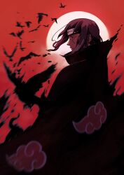  1boy absurdres bird black_cloak black_hair black_headband cloak commentary cowboy_shot crow dhashinn expressionless facial_mark forehead_protector from_side frown headband highres male_focus motion_blur naruto_(series) naruto_shippuuden red_background red_eyes sharingan sideways_glance solo uchiha_itachi 