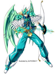  1boy aqua_pants arrow_(projectile) artist_name blindfold_mask blonde_hair blue_boots blue_shirt blue_visor boots bow_(weapon) commentary_request energy fantasy fantasy_defense fingerless_gloves full_body gem gloves gold gold_bracer gold_trim green_gem green_gloves holding holding_arrow holding_bow_(weapon) holding_weapon jilpoong17 long_hair mask metal_wings multicolored_boots pants shirt two-tone_boots weapon wings 