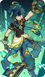  1boy ajaw_(genshin_impact) antenna_hair aqua_headband aqua_pants aqua_ribbon arm_up bad_source black_boots black_gloves black_hair black_ribbon black_shirt blonde_streaks blue_pants body_markings boots bracelet closed_mouth clothes_around_waist crossed_bangs cube earrings genius_invokation_tcg_(style) genshin_impact gloves green_eyes green_gloves green_streaks hair_between_eyes hair_ribbon headband jewelry kinich_(genshin_impact) leg_up looking_at_viewer male_focus multicolored_eyes multicolored_gloves multicolored_hair multicolored_pants official_art pants parted_bangs ribbon serious shirt short_hair short_sleeves solo streaked_hair two-tone_gloves vision_(genshin_impact) yellow_eyes zipper zipper_pull_tab 