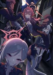  4girls alley aru_(blue_archive) black_choker black_flower black_hair black_hoodie black_skirt blue_archive blue_sky brown_horns building chieru_(pixiv_124058144) choker coat coat_on_shoulders collared_shirt commentary_request demon_horns demon_wings floating_clothes flower full_moon fur-trimmed_coat fur_trim garrison_cap gloves grey_halo gun h&amp;k_psg1 hair_flower hair_ornament hairclip halo haruka_(blue_archive) hat highres holding holding_gun holding_weapon hood hoodie horns jacket kayoko_(blue_archive) long_hair long_sleeves low_horns low_wings miniskirt moon multicolored_hair multiple_girls mutsuki_(blue_archive) night orange_halo outdoors pink_hair pointy_ears ponytail problem_solver_68_(blue_archive) purple_hair purple_jacket purple_skirt purple_wings red_coat red_eyes red_halo red_skirt rifle shirt side_ponytail single_wing skirt sky sniper_rifle trigger_discipline two-tone_hair urban v v_over_mouth violet_eyes watermark weapon white_gloves white_hair white_shirt wings 