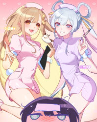  3girls :d @_@ absurdres alternate_costume black_hair blonde_hair blue_eyes blue_hair blush breasts cho_kaguya-hime! clipboard colored_inner_hair commentary_request crescent crescent_hair_ornament dress fushi_(cho_kaguya-hime!) green_eyes grin hair_ornament hair_rings hair_stick haneul_(csky) hat highres holding holding_clipboard holding_syringe kaguya_(cho_kaguya-hime!) korean_commentary korean_text long_hair medium_breasts mole mole_under_eye multicolored_eyes multicolored_hair multiple_girls nose_blush nurse nurse_cap open_hand open_mouth orange_eyes pink_background pink_dress pink_eyes pink_hair pink_hat purple_dress purple_hat runami_yachiyo sakayori_iroha short_dress short_sleeves sick smile syringe teeth translation_request twintails two-tone_eyes upper_teeth_only very_long_hair 