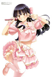  1girl absurdres anime_coloring artist_name belt black_hair blush boku_no_kokoro_no_yabai_yatsu bow braid brown_eyes buckle choker collarbone copyright_name copyright_notice cover cowboy_shot cropped_shirt frilled_choker frilled_shirt frilled_skirt frills grin hair_behind_ear hair_bow half_up_braid hands_up heart heart-shaped_buckle highres holding holding_microphone idol_clothes layered_skirt leg_up long_hair looking_at_viewer magazine_cover magazine_scan mary_janes megami_magazine microphone midriff_peek miniskirt official_art pink_bow pink_choker pink_shirt pink_shoes pink_skirt puffy_short_sleeves puffy_sleeves scan shirt shoes short_sleeves simple_background skirt smile solo standing standing_on_one_leg thigh-highs third-party_source v v_over_eye white_belt white_thighhighs wispy_bangs yamada_anna 