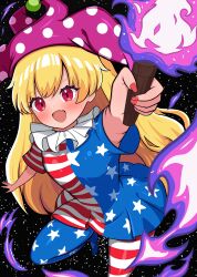  1girl absurdres american_flag_dress american_flag_legwear arm_up beads black_sky blonde_hair blush breasts clownpiece commentary_request cowboy_shot diamond_in_eye dress fang fingernails fire flying hair_between_eyes hat highres holding holding_torch jester_cap kukurukurukuru leg_up long_fingernails long_hair looking_at_viewer missing_wings nail_polish neck_ruff night no_shoes open_mouth pantyhose polka_dot_headwear purple_fire purple_hat red_eyes red_nails short_sleeves sky small_breasts smile solo star_(sky) star_(symbol) star_print starry_sky striped_clothes striped_dress striped_pantyhose symbol_in_eye tongue torch touhou 
