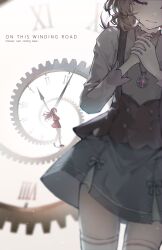  2girls absurdres akechi_anna ayesha618 bare_legs blurry bokeh clock closed_eyes closed_mouth commentary denim denim_skirt depth_of_field double_bun english_commentary english_text eyelashes hair_bun hair_ribbon highres jewelry kneehighs kobayashi_mikuru loafers long_hair long_sleeves looking_at_another medium_hair meitantei_precure! miniskirt multiple_girls necklace parted_bangs parted_lips pink_shirt poem praying precure purple_hair ribbon shirt shoes skirt socks standing suspender_skirt suspenders time_paradox upper_body watch 