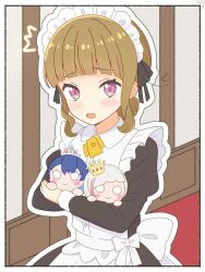  1girl ^^^ ahoge apron arched_bangs black_dress border brown_hair character_doll cho_toutoi_love commentary_request doll dollchestra dress frilled_apron frills hair_bun hallway harusame_(wm15_same) heart heart_ahoge highres holding holding_doll indoors kachimachi_kosuzu link!_like!_love_live! long_sleeves love_live! maid maid_apron maid_headdress murano_sayaka nesoberi outline raised_inner_eyebrows side_ahoge sidelocks single_hair_bun solo virtual_youtuber white_apron white_border white_outline yugiri_tsuzuri 