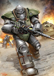  2025 4others absurdres armor artist_name battlefield commentary_request dated energy_gun explosion fallout fallout_4 fire gas_mask gatling_gun gun helm helmet highres holding holding_gun holding_weapon joints mask military military_vehicle minigun misogram motor_vehicle multiple_others outdoors partial_commentary plasma_rifle power_armor power_armor_(fallout) rifle robot_joints running science_fiction shoulder_armor smoke star_(symbol) tank weapon 