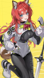  1girl :d akekuri_(arknights) animal_ear_fluff animal_ears arknights arknights:_endfield ascot black_bodysuit blue_eyes blush bodysuit chest_belt chinese_commentary commentary_request covered_navel cowboy_shot dog_ears dog_girl dog_tail elevation_contour_lines endfield_industries_logo fingerless_gloves gloves hand_on_own_hip highres leotard leotard_over_bodysuit long_hair looking_at_viewer muso open_mouth puffy_sleeves red_ascot red_hair short_eyebrows shrug_(clothing) sidelocks simple_background smile solo tail teeth two-sided_gloves upper_teeth_only white_leotard white_shrug yellow_background 
