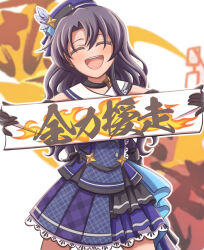  1girl ^_^ black_gloves black_hair blue_hat blue_shirt blue_skirt closed_eyes commentary_request cowboy_shot curtained_hair facing_viewer ganbarai gloves hat holding idolmaster idolmaster_million_live! legs_apart miniskirt only_one_second_(idolmaster) orange_background plaid_clothes plaid_shirt plaid_skirt pleated_skirt shirt skirt solo standing takayama_sayoko translation_request 