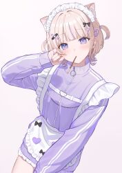  1girl apron bandaid bandaid_hair_ornament blonde_hair commentary_request food food_in_mouth frilled_apron frills hair_intakes hair_ornament heart heart_hair_ornament highres hololive hololive_dev_is jacket jersey_maid kiina_(mrnsor) light_blush long_sleeves looking_at_viewer maid maid_headdress multicolored_hair pocky pocky_in_mouth purple_hair purple_jacket short_hair simple_background solo streaked_hair todoroki_hajime two_side_up unconventional_maid violet_eyes virtual_youtuber white_apron white_background 