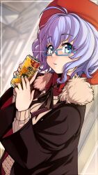  1girl antenna_hair aqua_eyes blue-framed_eyewear blue_hair brown_coat brown_ribbon brown_sweater_vest can cinderella_series coat commentary_request drink_can fur-trimmed_coat fur_trim glasses hachigatsu_no_cinderella_nine hair_between_eyes hase_maria hat highres holding holding_can muu_(d-muu) neck_ribbon open_clothes open_coat open_mouth red_hat red_shirt ribbon shirt solo sweater_vest upper_body 
