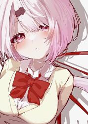  1girl :t asemin_776 blush bow bowtie breasts cardigan closed_mouth collared_shirt commentary hair_ornament hair_ribbon hairclip highres large_breasts long_hair looking_at_viewer nijisanji pink_eyes pink_hair pout red_bow red_bowtie red_ribbon ribbon school_uniform shiina_yuika shiina_yuika_(1st_costume) shirt solo swept_bangs twitter_username virtual_youtuber white_background white_shirt yellow_cardigan 