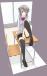  black_thighhighs blue_eyes blush brown_hair chair classroom covering covering_crotch desk highres leg_lift legs loafers long_hair mikazukimo open_mouth original school_uniform sitting sitting_on_desk skirt solo sweater_vest thigh-highs thighhighs window zettai_ryouiki 