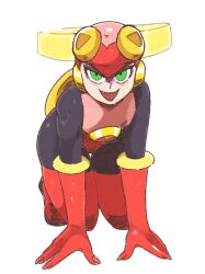  1girl all_fours black_bodysuit bodysuit boots dark_persona elbow_gloves evil_smile fangs fingernails full_body gloves green_eyes heart helmet inkerton-kun leotard long_fingernails looking_at_viewer mega_man_(series) mega_man_battle_network_(series) netnavi open_mouth pink_helmet pink_leotard red_boots red_gloves roll.exe_(mega_man) shaded_face sharp_fingernails simple_background smile thigh_boots v-shaped_eyebrows v-shaped_eyes white_background 