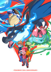  1girl 2boys absurdres anniversary black_shirt blastoise blue_fire blue_oak brown_hair charizard commentary fire hat highres leaf leaf_(pokemon) long_hair mega_blastoise mega_charizard_x mega_venusaur multiple_boys on_shoulder pants pikachu pokemon pokemon_(creature) pokemon_frlg pokemon_on_shoulder reapster_(tdwg3572) red_(pokemon) red_hat shirt shoes short_hair short_sleeves skirt spiky_hair standing venusaur vest water wristband 