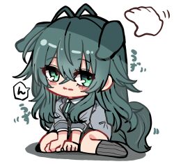  1girl animal_ears between_legs black_shirt black_skirt blush_stickers chibi closed_mouth collared_shirt commentary_request disembodied_hand ears_down full_body gakuen_idolmaster green_eyes green_hair grey_jacket grey_socks hair_between_eyes hand_between_legs highres idolmaster jacket kawamochi_(kawauti919) kemonomimi_mode long_hair motion_lines no_shoes pleated_skirt ribbed_socks shadow shirt simple_background skirt socks solo_focus tail translation_request tsukimura_temari very_long_hair white_background 