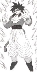  1boy black_hair blue_sash body_fur commentary_request dougi dragon_ball dragon_ball_gt highres long_hair male_focus monkey_boy monkey_tail muscular muscular_male no_nipples pants pectorals red_fur saiyan sash solo spiky_hair super_saiyan super_saiyan_4 tail yakiniku_db yellow_pants 