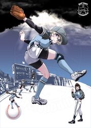  2girls asymmetrical_legwear ball baseball_(object) baseball_cap baseball_mitt baseball_uniform bike_shorts black_shorts blonde_hair blue_eyes blue_socks breasts brown_hair cleats commentary_request girls_und_panzer grey_hat hand_in_pocket hat highres holding holding_ball inoue_yoshihisa knee_pads large_breasts long_hair long_sleeves multiple_girls open_mouth pants shorts socks sportswear twitter_username white_pants white_shorts youko_(girls_und_panzer) yuri_(girls_und_panzer) 