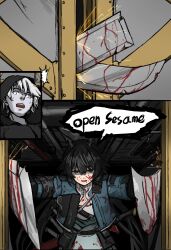  1boy 1girl absurdres allcy49 arknights arknights:_endfield black_hair blood blood_on_clothes blood_on_face blue_eyes blue_horns blue_jacket chen_qianyu_(arknights) chinese_commentary commentary_request dragon_girl dragon_horns dual_wielding english_text evil_smile highres holding holding_sword holding_weapon horns jacket long_hair long_sleeves looking_at_viewer open_clothes open_jacket open_mouth red_pupils smile speech_bubble surprised sword teeth upper_teeth_only weapon 