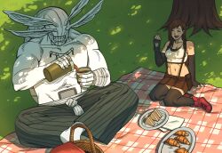  1boy 1girl ^_^ black_gloves boots chest_markings closed_eyes colored_skin commentary croissant crop_top crossover crumbs dappled_sunlight drinking drugsandsocks eating elbow_gloves english_commentary final_fantasy fingerless_gloves food food_on_face four_eyes gloves hakama hakama_pants head_tail highres japanese_clothes jujutsu_kaisen mahoraga_(jujutsu_kaisen) monster muscular muscular_male open_mouth pants picnic picnic_basket picnic_blanket pouring red_boots sandwich shikigami sitting skirt sunlight suspender_skirt suspenders suspenders_gap tank_top teeth thermos tifa_lockhart topless_male tree white_skin white_tank_top wings_as_eyes yokozuwari 