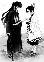  animal_print belt blank_stare blood blood_on_arm blood_on_face breasts butterfly_hair_ornament butterfly_print butterfly_print_haori closed_mouth commentary_request demon_slayer_uniform falling_petals from_side full_body hair_ornament haori highres holding holding_hands holding_sheath japanese_clothes kimetsu_no_yaiba kochou_shinobu long_hair long_sleeves looking_at_hand looking_down medium_breasts mintiaorion parted_bangs petals sandals sheath sheathed short_hair sidelocks standing tabi tokitou_muichirou white_background 