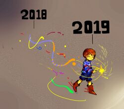  1other 2018 2019 2d ambiguous_gender blue_shorts blue_sweater boots brown_background brown_boots brown_hair child commentary digital_media double_horizontal_stripe english_commentary frisk_(undertale) full_body horizontal-striped_clothes human long_sleeves new_year other_focus pink_stripes short_hair shorts solo striped_clothes striped_sweater sweater text two-tone_sweater undertale utdr_(toby_fox) veah3 walking 