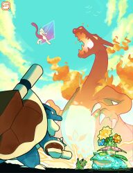  bird blastoise blue_sky cannon charizard claws clouds commentary dynamax electricity english_commentary eversmithi fire flower furry gigantamax gigantamax_charizard highres mega_blastoise mega_pokemon mewtwo open_mouth outdoors pikachu pokemon pokemon_(creature) pokemon_focus red_eyes sky sweatdrop tail terastallization venusaur yellow_eyes z-move 