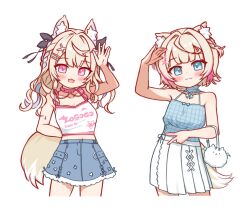  2girls animal_ear_fluff animal_ears bandaid bandaid_hair_ornament blonde_hair blue_camisole blue_eyes blue_streaks camisole collar commentary crop_top dog_ears dog_girl dog_tail frilled_camisole frills fuwawa_abyssgard fuwawa_abyssgard_(casual) gba_jasjas hair_ornament hairband hololive hololive_english mococo_abyssgard mococo_abyssgard_(casual) multicolored_hair multiple_girls pink_collar pink_eyes pink_hairband pink_streaks siblings simple_background sisters skirt streaked_hair tail twins virtual_youtuber white_background 