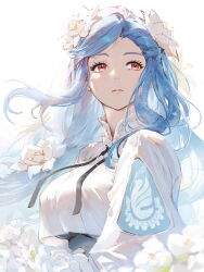  1girl black_ribbon blue_hair breasts commentary_request dizzy_(guilty_gear) flower from_below guilty_gear guilty_gear_strive hair_flower hair_ornament highres large_breasts long_hair mandarin_collar nt50 parted_lips queen_dizzy red_eyes ribbon shirt simple_background solo swept_bangs upper_body white_background white_flower white_shirt 