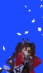  1girl absurdres angelina_(arknights) animal_ear_fluff animal_ears arknights arknights:_endfield black_gloves blue_background breasts brown_hair camera coat commentary_request digital_camera dress elbow_gloves floating_paper fox_ears fox_girl gilberta_(arknights) gloves grey_dress grin guneri_00 hair_between_eyes hand_on_own_head headpiece high_collar highres holding holding_camera infection_monitor_(arknights) long_hair long_sleeves looking_at_viewer medium_breasts off_shoulder open_clothes open_coat red_coat simple_background sleeveless sleeveless_dress smile solo taking_picture twintails upper_body 