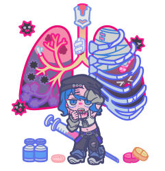  >_< 1girl :o arm_warmers armpits bags_under_eyes bandages beanie belt black_hat black_pants black_shoes blue_eyes blue_hair blush bob_cut cigarette clothes_writing commentary crop_top denim detached_sleeves full_body grey_sleeves hand_on_own_head hat highres jeans jewelry jitome knit_hat leaning_forward lungs medium_hair midriff mouth_hold navel nose_blush open_mouth original pants pendant pill purple_belt raised_eyebrows sharp_teeth shirt shoes sick simple_background slit_pupils smoking sneakers solo standing strap swept_bangs syringe teeth terada_tera torn_clothes torn_pants vial wavy_hair white_background white_shirt 