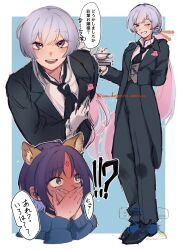 !? 2girls :d ;d alternate_costume animal_ears black_jacket black_necktie black_pants black_shoes blue_background blue_nails blush border butler butler_bowing cho_kaguya-hime! commentary_request covering_own_mouth female_butler forehead_jewel fox_ears full-face_blush fushi_(cho_kaguya-hime!) gloves green_eyes grey_hair grey_vest grin hair_bun hair_ornament hair_stick hand_over_own_mouth heart heart-shaped_pupils highres holding holding_tray imudegozaimasu jacket long_hair medium_hair multiple_girls multiple_views necktie one_eye_closed open_clothes open_jacket open_mouth outside_border pants pink_eyes ponytail purple_hair runami_yachiyo shirt shoes simple_background single_hair_bun smile speech_bubble symbol-shaped_pupils tailcoat translation_request tray twitter_username very_long_hair vest watermark white_border white_gloves white_shirt yuri 