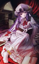  1girl absurdres book book_stack bow closed_mouth commentary_request crescent crescent_hat_ornament dress frilled_dress frills full_body hair_bow hat hat_ornament highres holding holding_book indoors light_smile looking_at_viewer mob_cap neck_ribbon no_shoes open_book patchouli_knowledge purple_bow purple_hair red_bow red_ribbon ribbon safutsuguon sidelocks socks solo striped_clothes striped_dress touhou vertical-striped_clothes vertical-striped_dress violet_eyes white_dress white_socks 