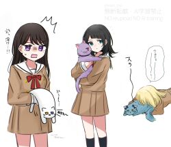  3girls animal animalization asahi_rise bang_dream! bang_dream!_it's_mygo!!!!! blonde_hair blue_eyes brown_dress cat cat_day commentary_request dress hand_up highres holding holding_animal holding_cat kaname_raana long_hair long_sleeves medium_hair misumi_uika multiple_girls open_mouth partially_translated pleated_dress raana_the_cat sailor_collar sailor_dress shiina_taki togawa_sakiko translation_request violet_eyes white_sailor_collar yahata_umiri yuutenji_nyamu 
