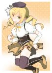  beret blonde_hair boots breast_poke breasts drill_hair hat large_breasts magical_girl mahou_shoujo_madoka_magica miyako_tart poking puffy_sleeves skindentation solo thigh-highs thighhighs tomoe_mami yellow_eyes zettai_ryouiki 