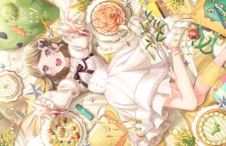  1girl bag bare_shoulders brown_hair dated detached_sleeves dress food_request foot_out_of_frame fork frilled_sleeves frills fur-trimmed_dress fur-trimmed_sleeves fur_trim game_cg gonzales_(love_live!) high_heels highres kachimachi_kosuzu kachimachi_kosuzu_(17th_birthday) kendama link!_like!_love_live! long_hair long_sleeves looking_at_viewer love_live! lying non-web_source official_art on_back pink_eyes see-through_clothes see-through_sleeves self-datamine shoes sleeveless sleeveless_dress solo strapless strapless_dress stuffed_dinosaur table_knife tote_bag virtual_youtuber white_dress white_shoes 